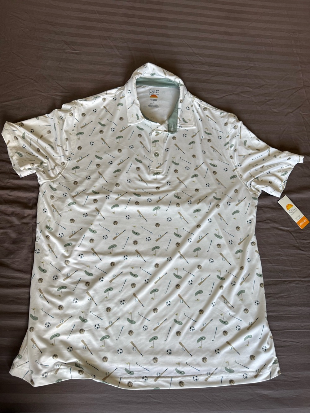 C&C California White Polo with Green & Gray Sports Motif